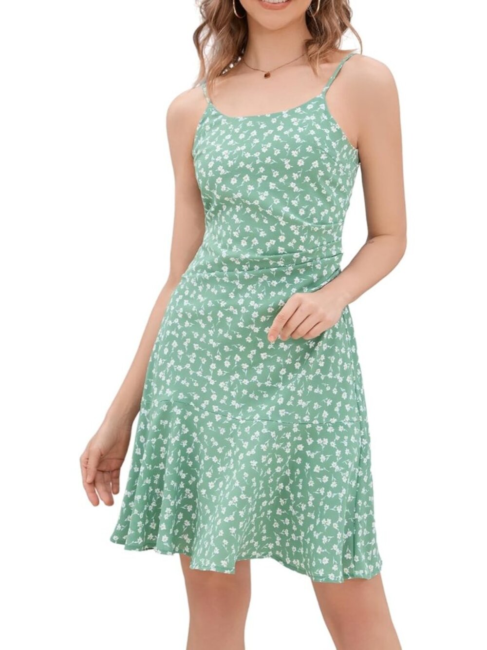 Women's Green Spaghetti Strap Sleeveless A-line Dress Casual Beach Daily Wear